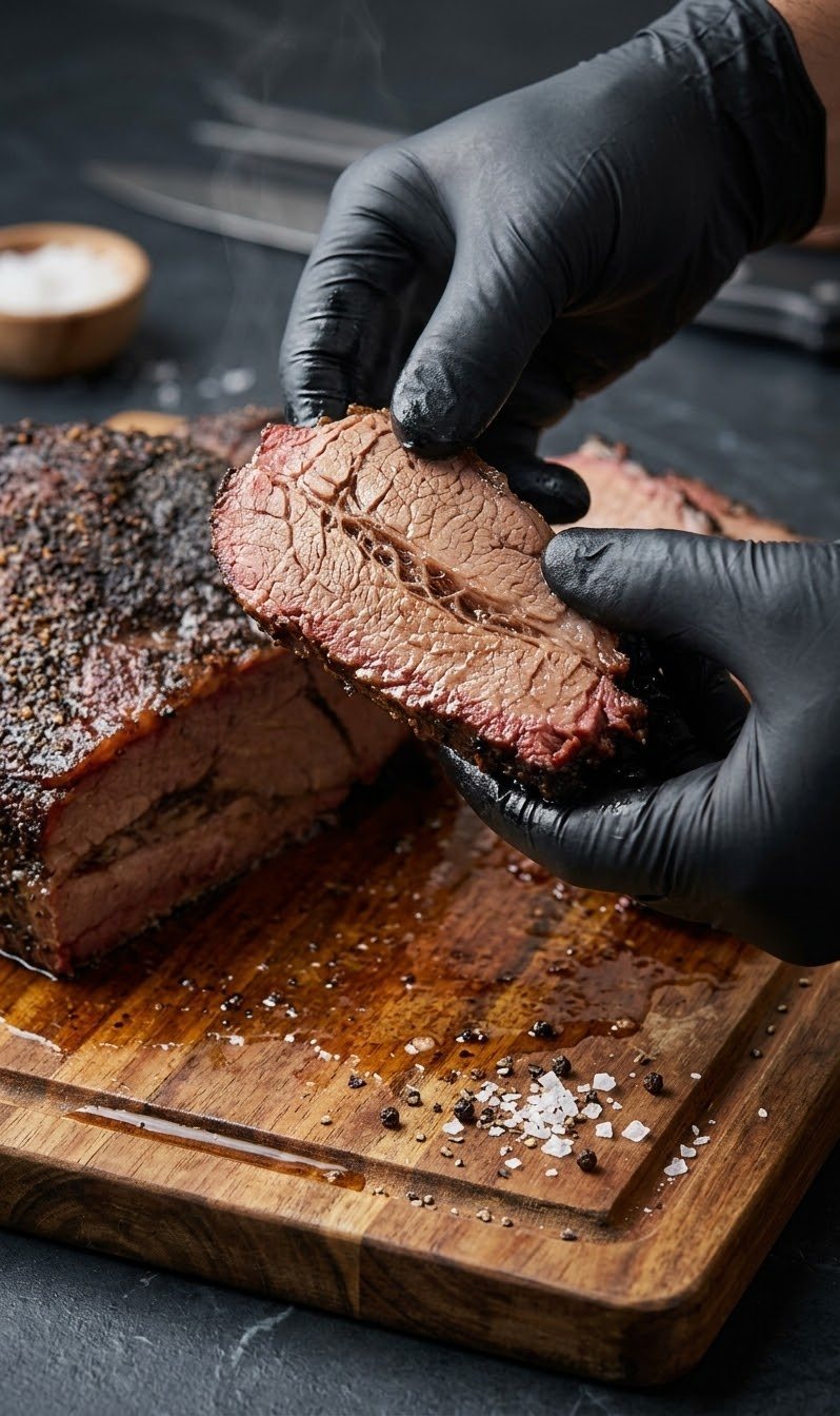 Una rebanada de brisket recién cortada con su anillo de humo