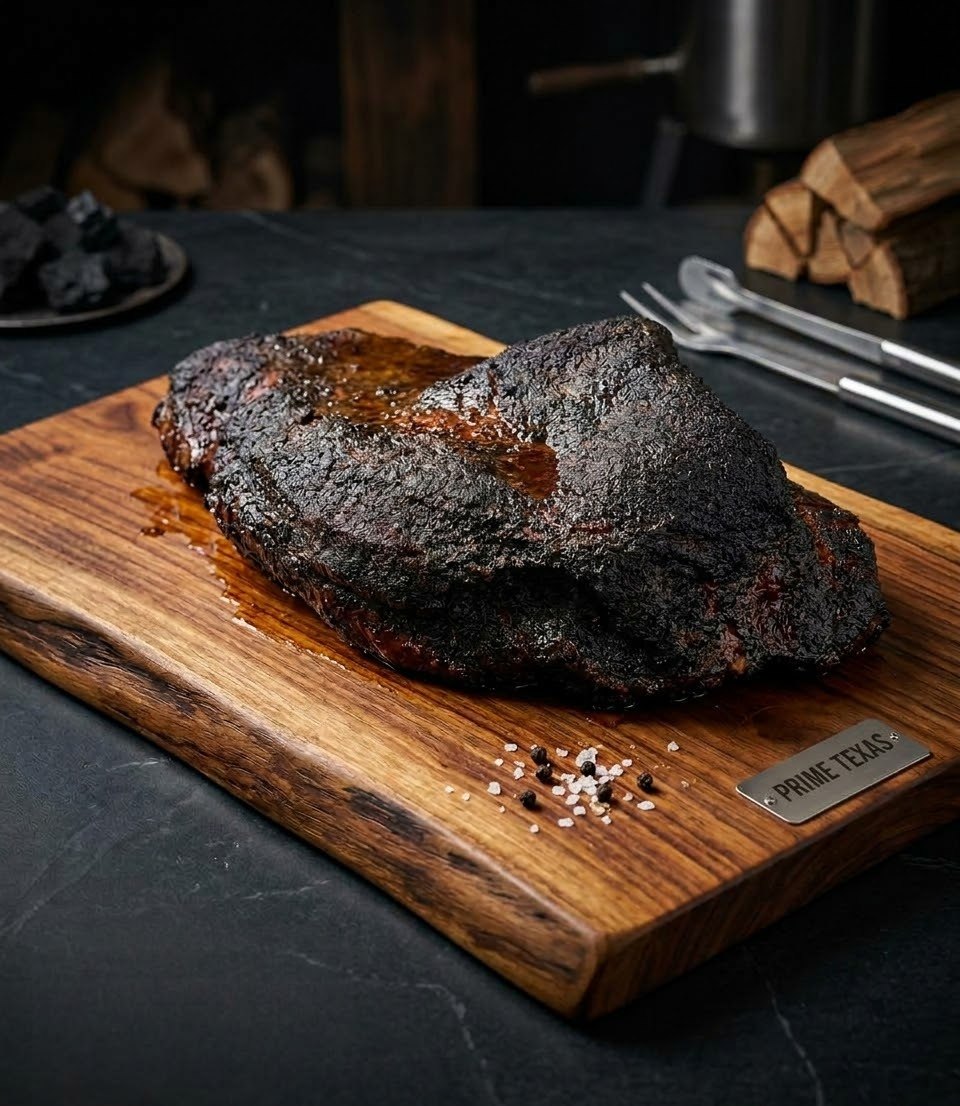 Brisket ahumado sobre tabla de madera con la placa Prime Texas